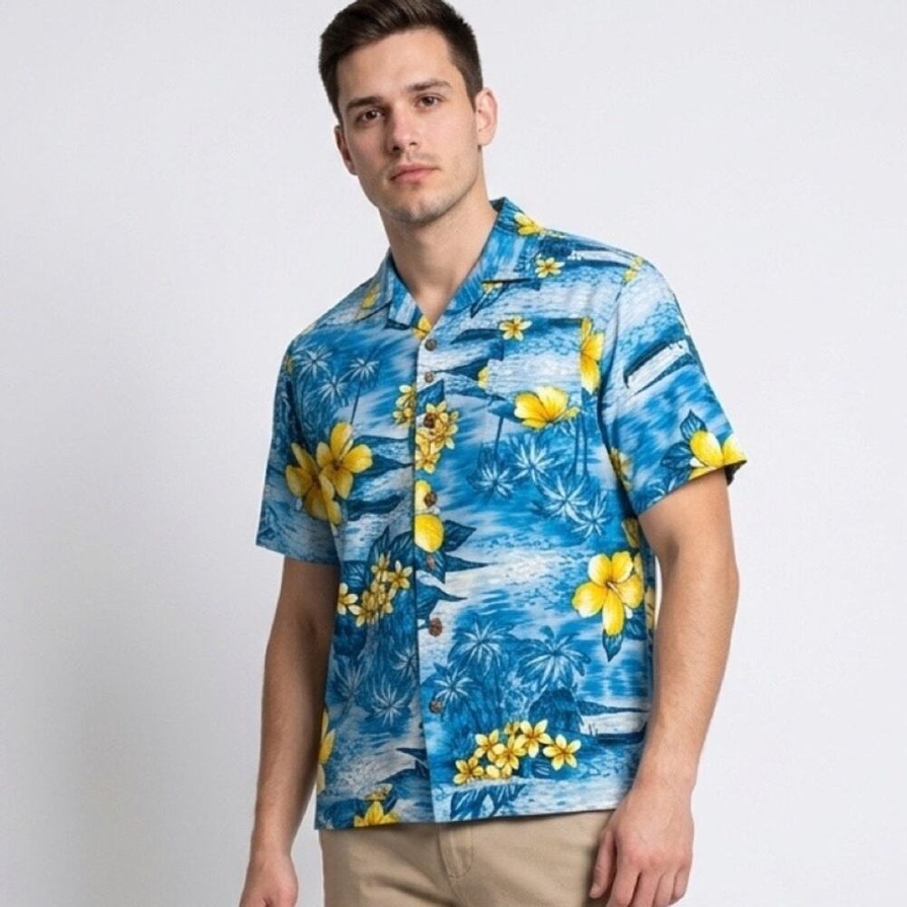 Hawaii Blues, tropical floral print Hawaiian Shirt Size L